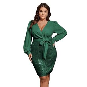 SHEIN Celure Puff Sleeve Sequin Party Dress Size 1XL V Neck Long Sleeve Tie